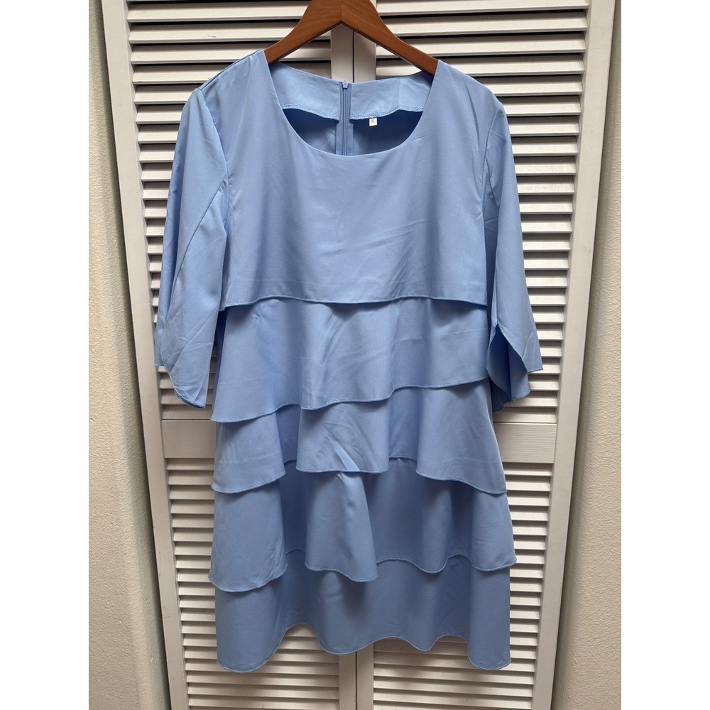 Light Blue Tiered Ruffle Mini Dress 3/4 Sleeve Tulip Cuff Shift XL